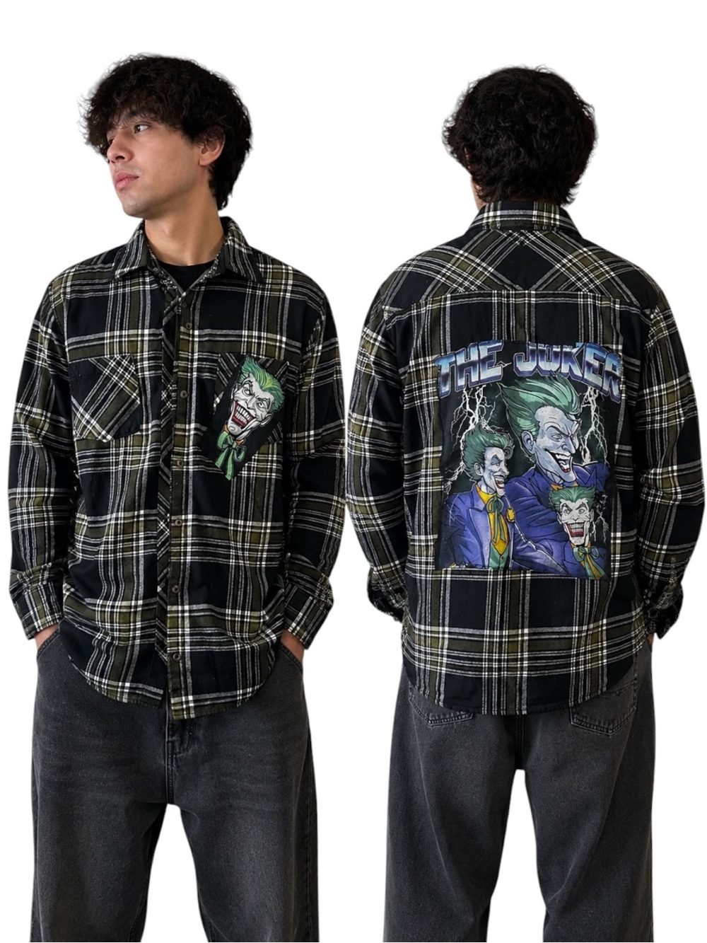 Handmade Joker Plaid Flannel | Custom Upcycled | XL | One of a Kind Green, Black
